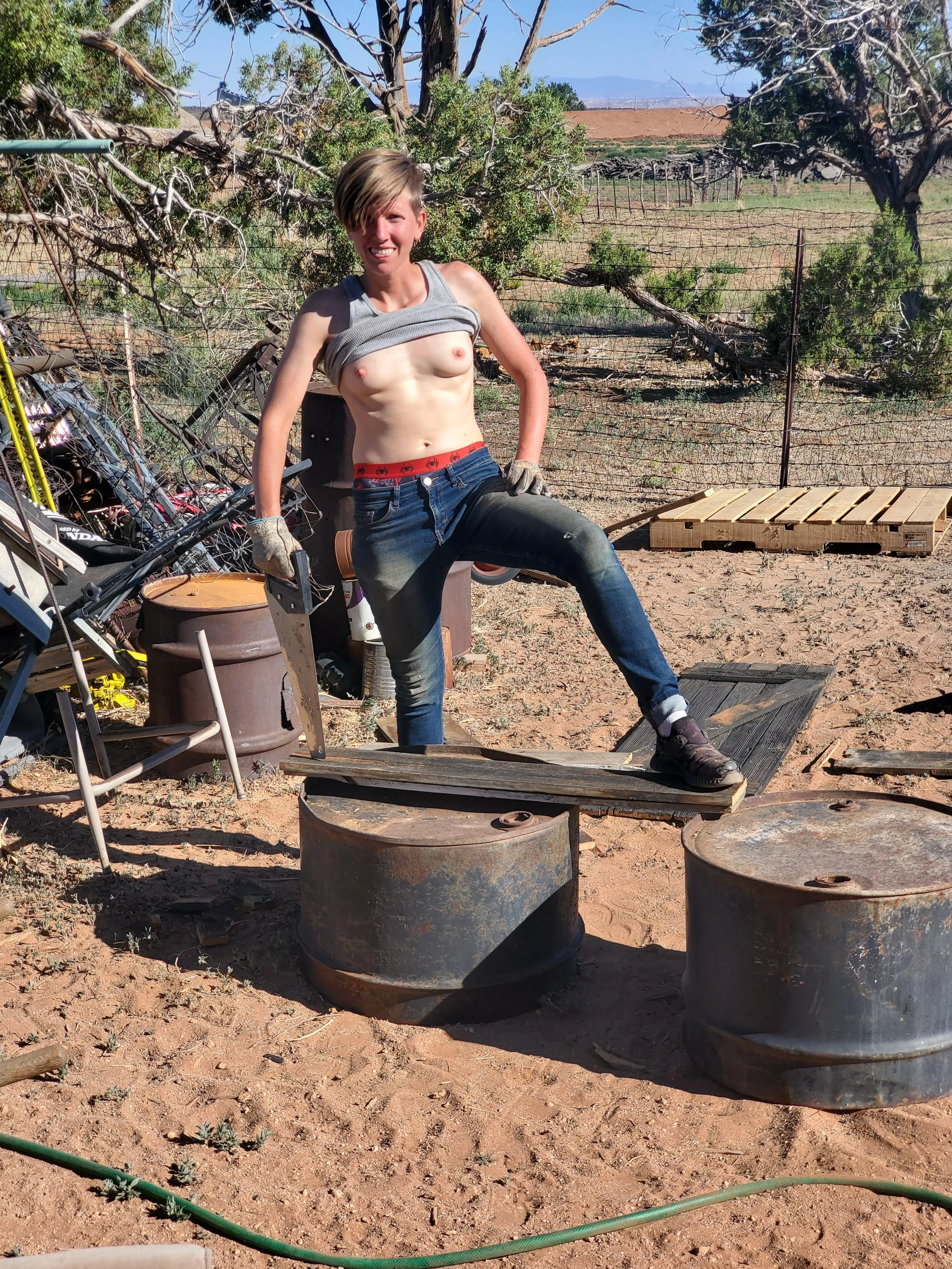 Just a boi hard at work! Making an outdoor shower house