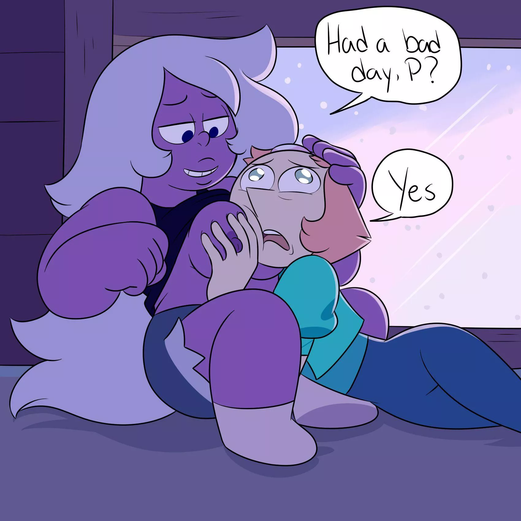 Amethyst comforts Pearl with some titty (art by MissGreeneynsfw)