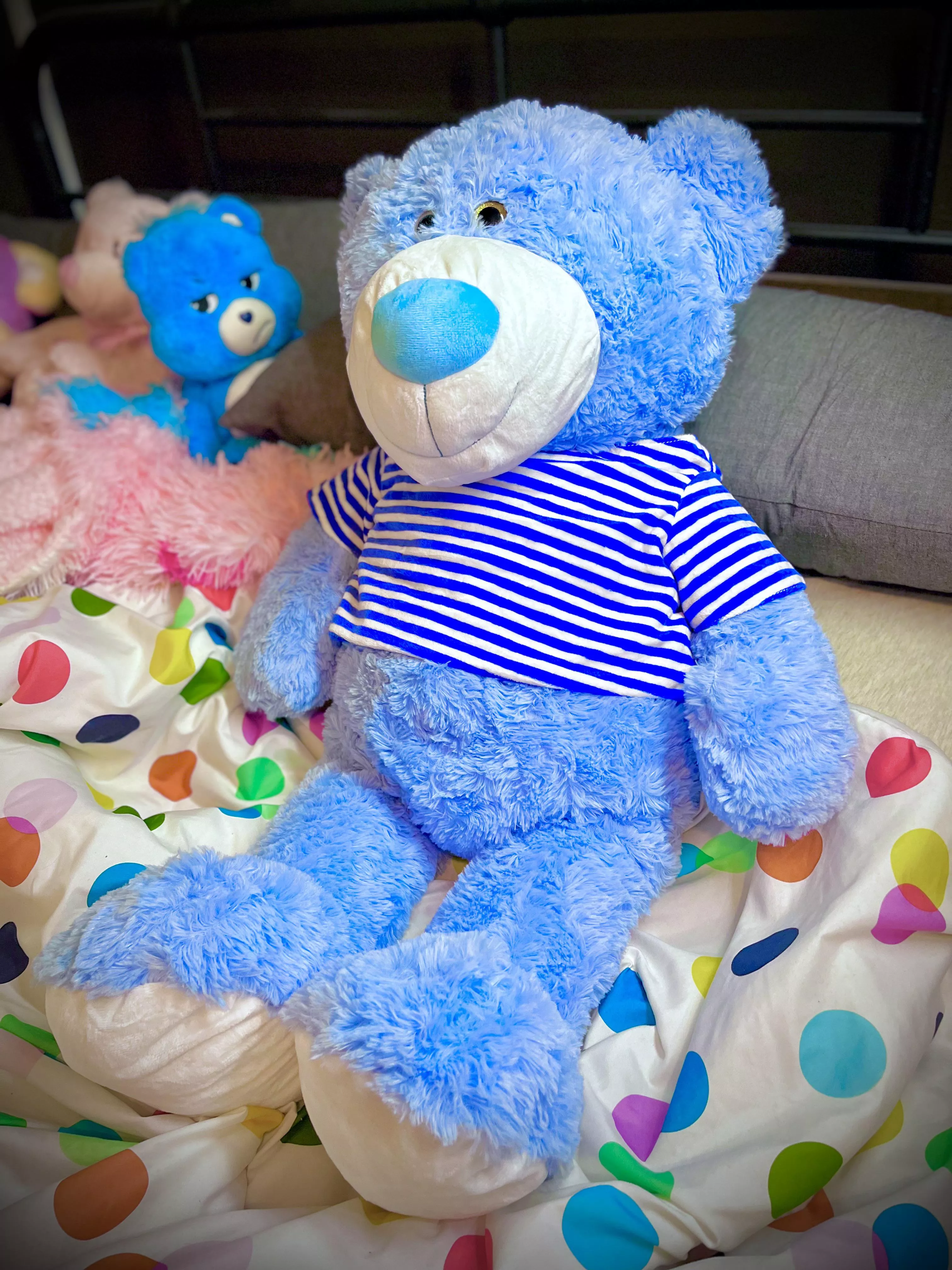 Another stuffie needs a name! He just got here today so I don’t know his personality yet but he’s a big boy at 36” tall! He sure likes to hug though! Grumpy Bear ain’t too sure, new guy’s the same color….