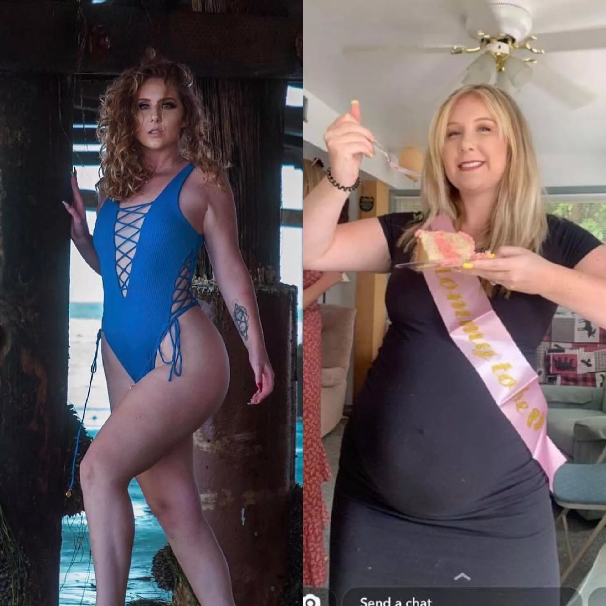 The hot blonde girl everyone wanted in highschool got pregnant, judging by how big she is at only 4-5months, someone has clearly been enjoying ALOT of cake!