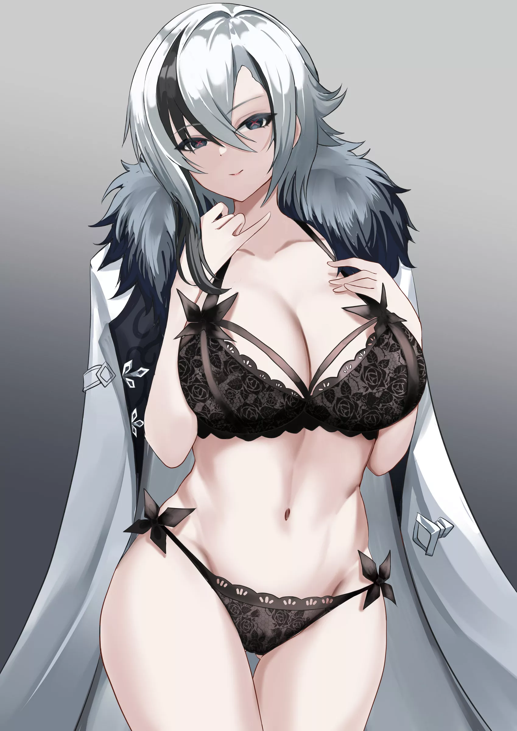 the new Genshin Impact waifu (Arlecchino) in a black sexy lingerie