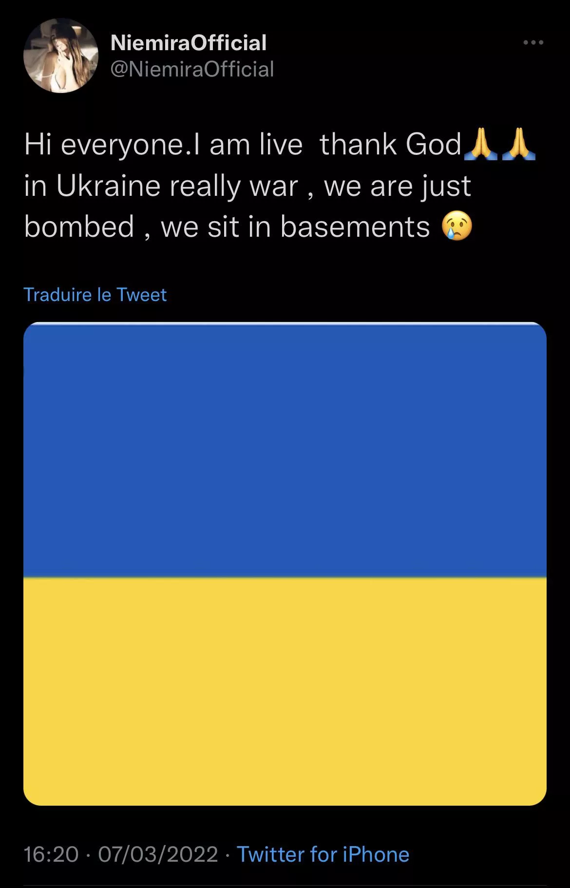 From her official Twitter. Pray for Niemira and for the people of Ukraine ðŸ™ðŸ¼