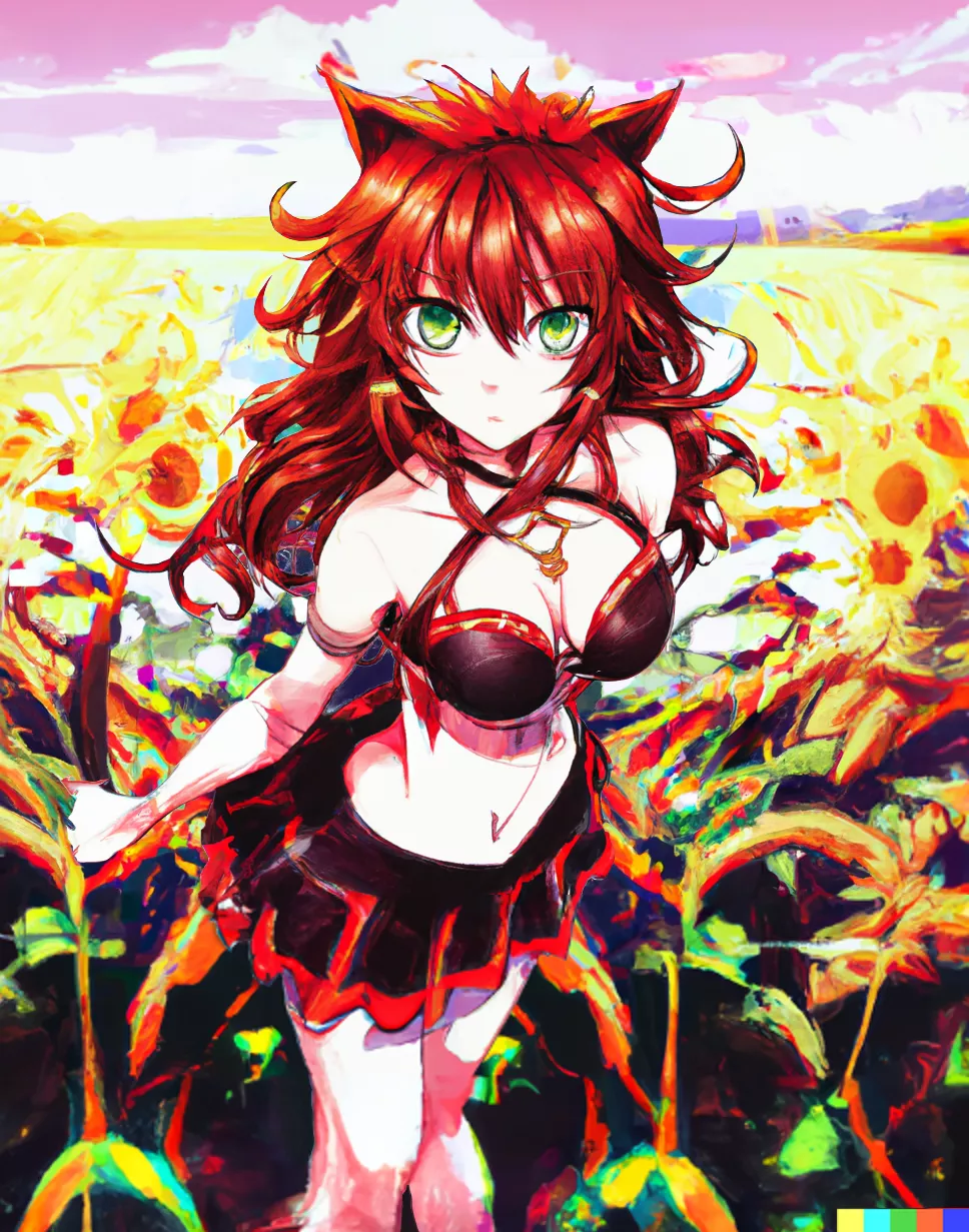 (DALLE2) Wolfgirl in a sunflower-field, as painted by Dalle AI. [Artificial OC]