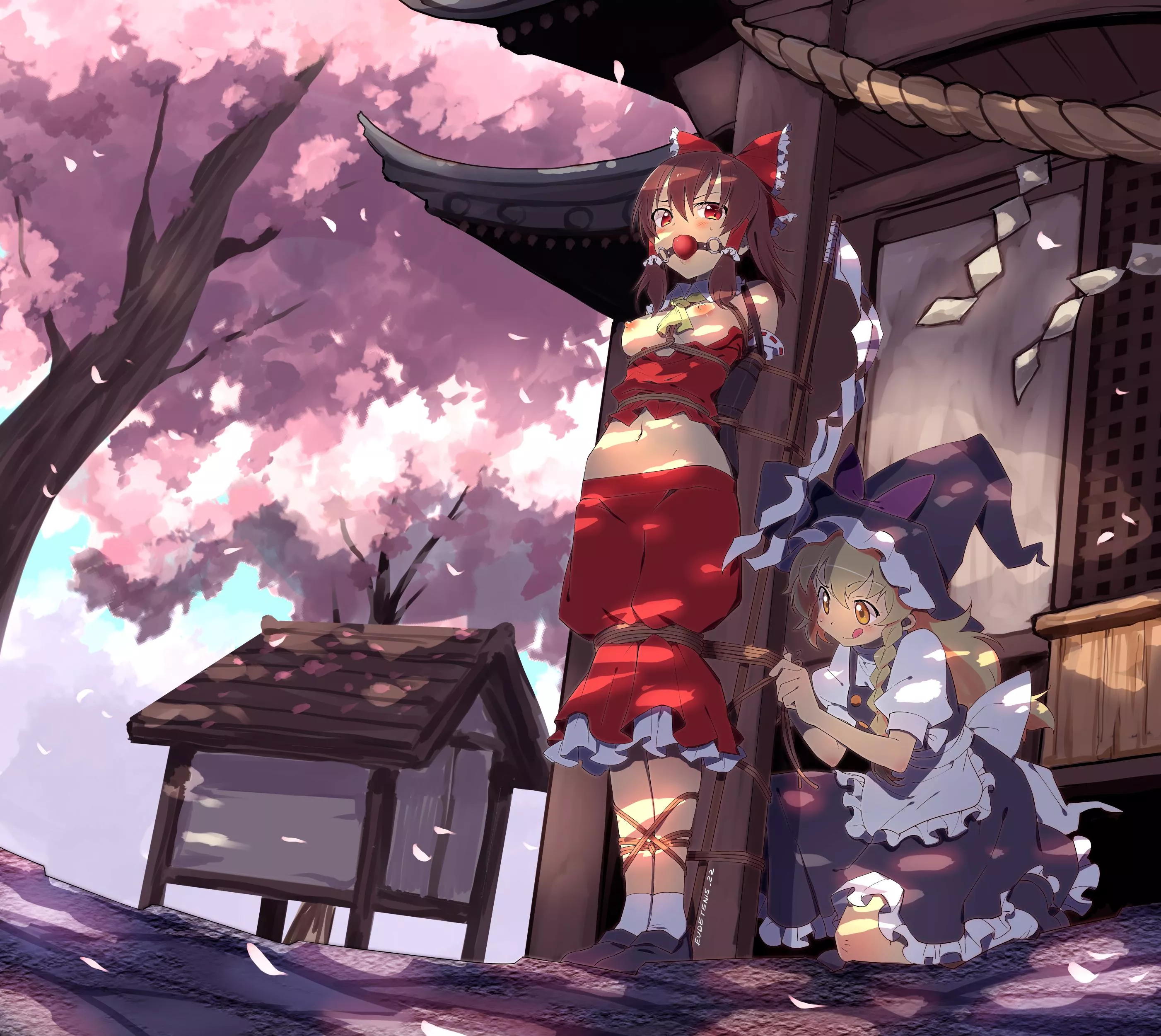 Marisa ties Reimu at Hakurei Shrine