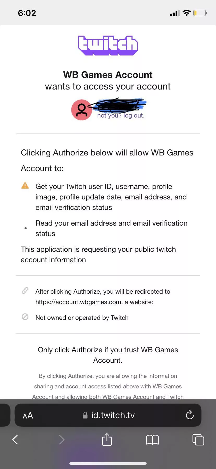 By clicking authorize will allow WB Games to read your email address and your email verification status does that mean that they’ll just know my email and my email verification status