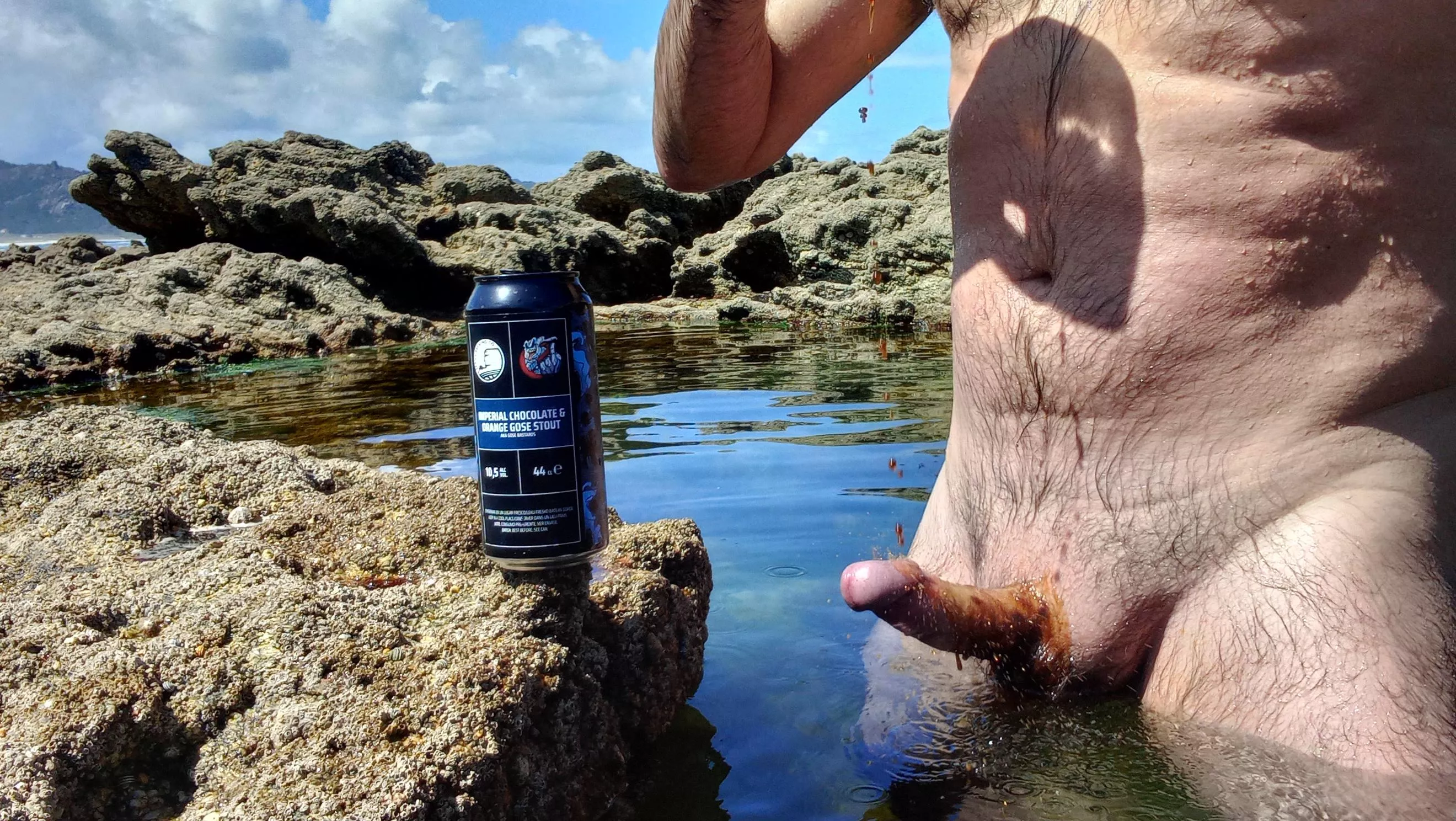 Nature beach bath, so excited showering my boner with a black beer.