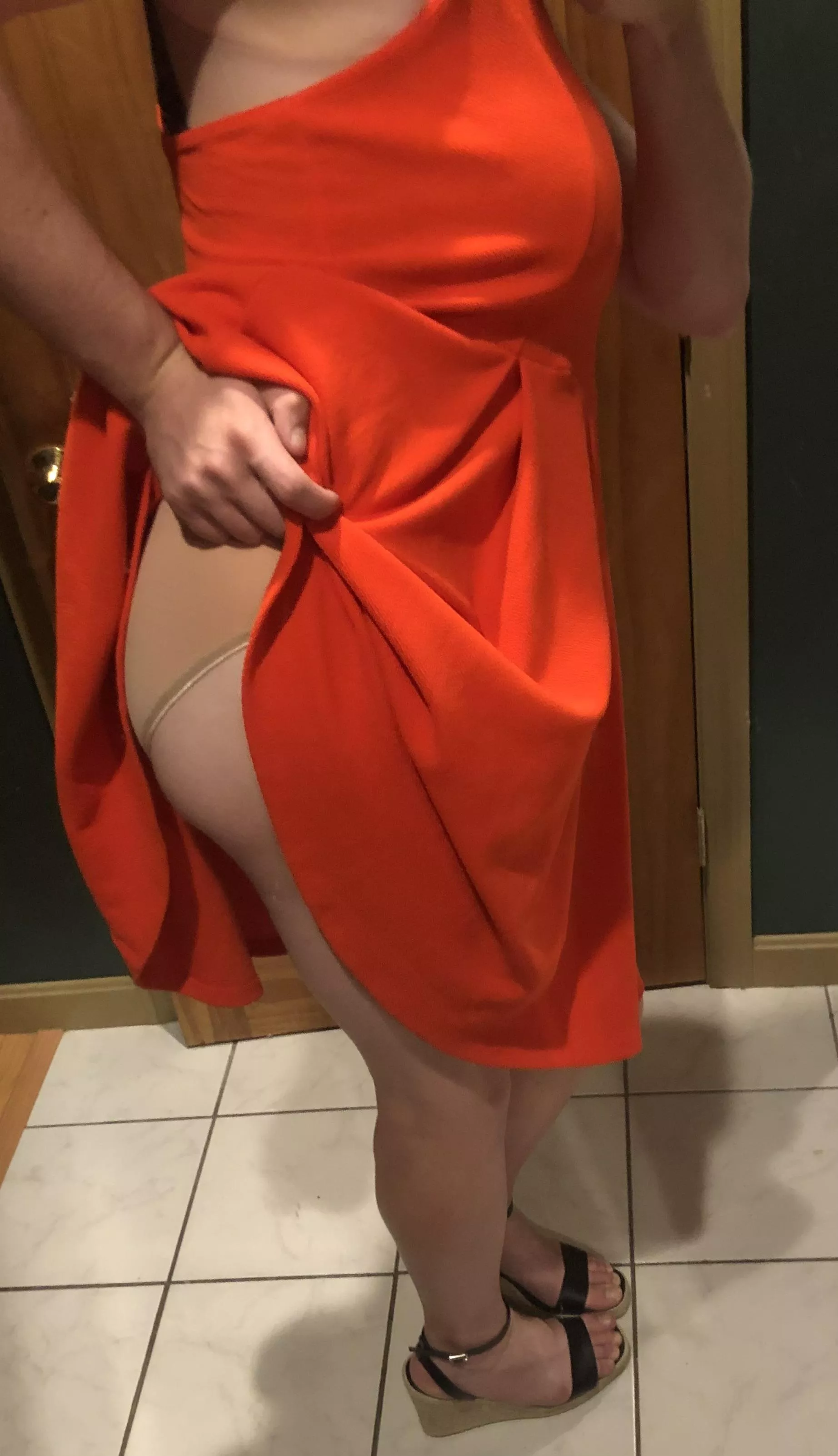 Home alone wearing boobs, a dress, heels, and a plug. What should I do next?