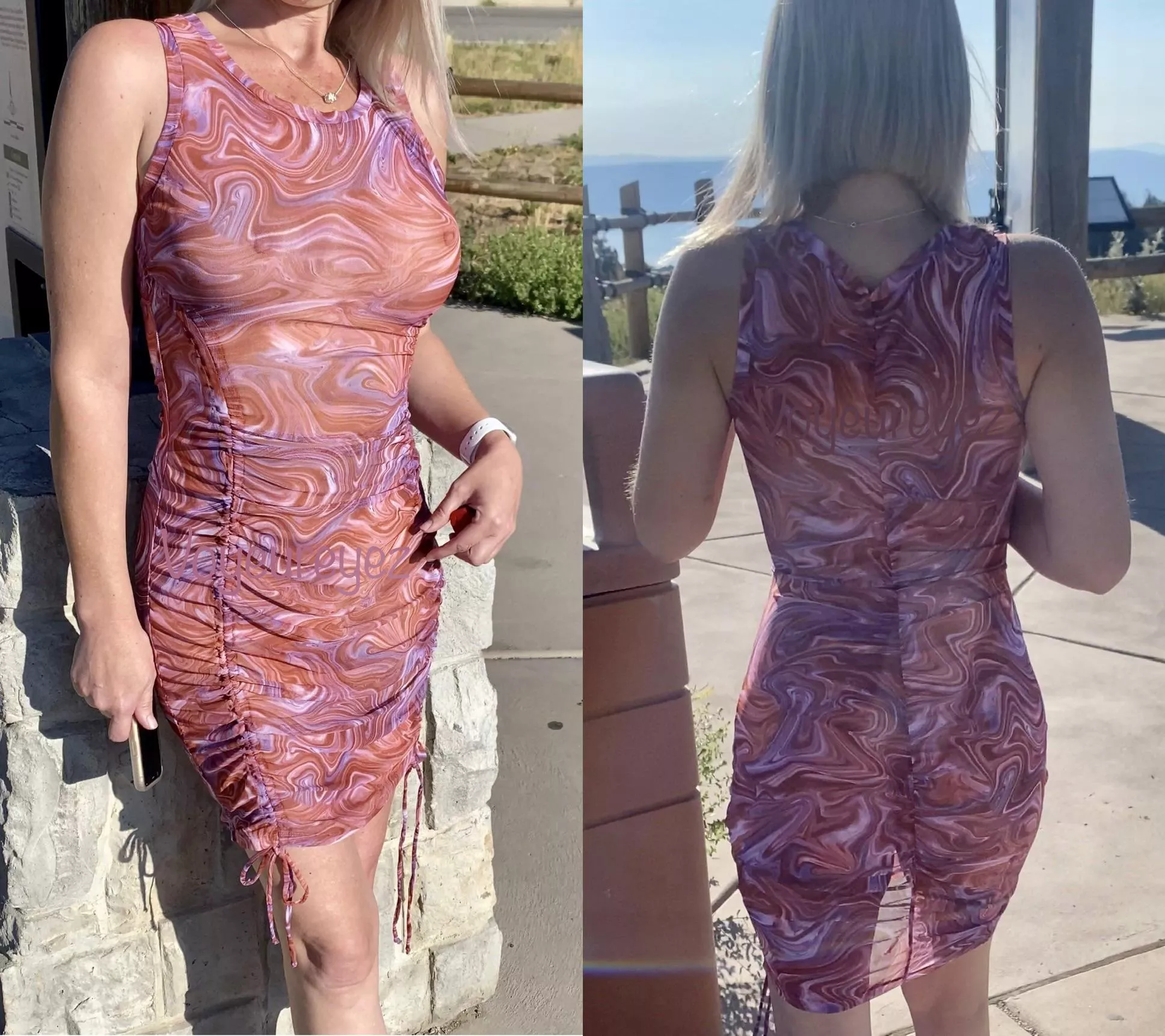 Going for a walk in a see thru dress.