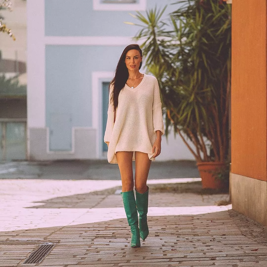 White Sweater; Green Boots