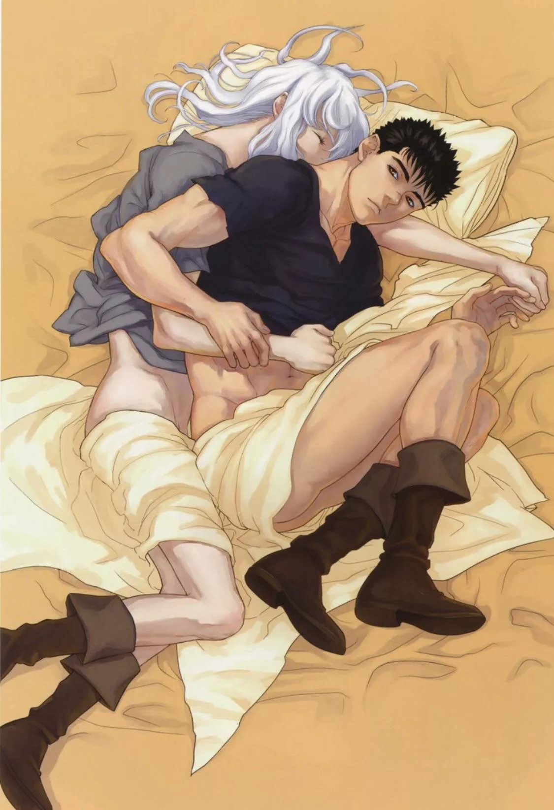 Wholesome Guts and Griffith spooning each other (Berserk)