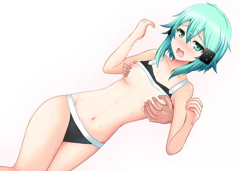 Groping Sinon's tits from behind