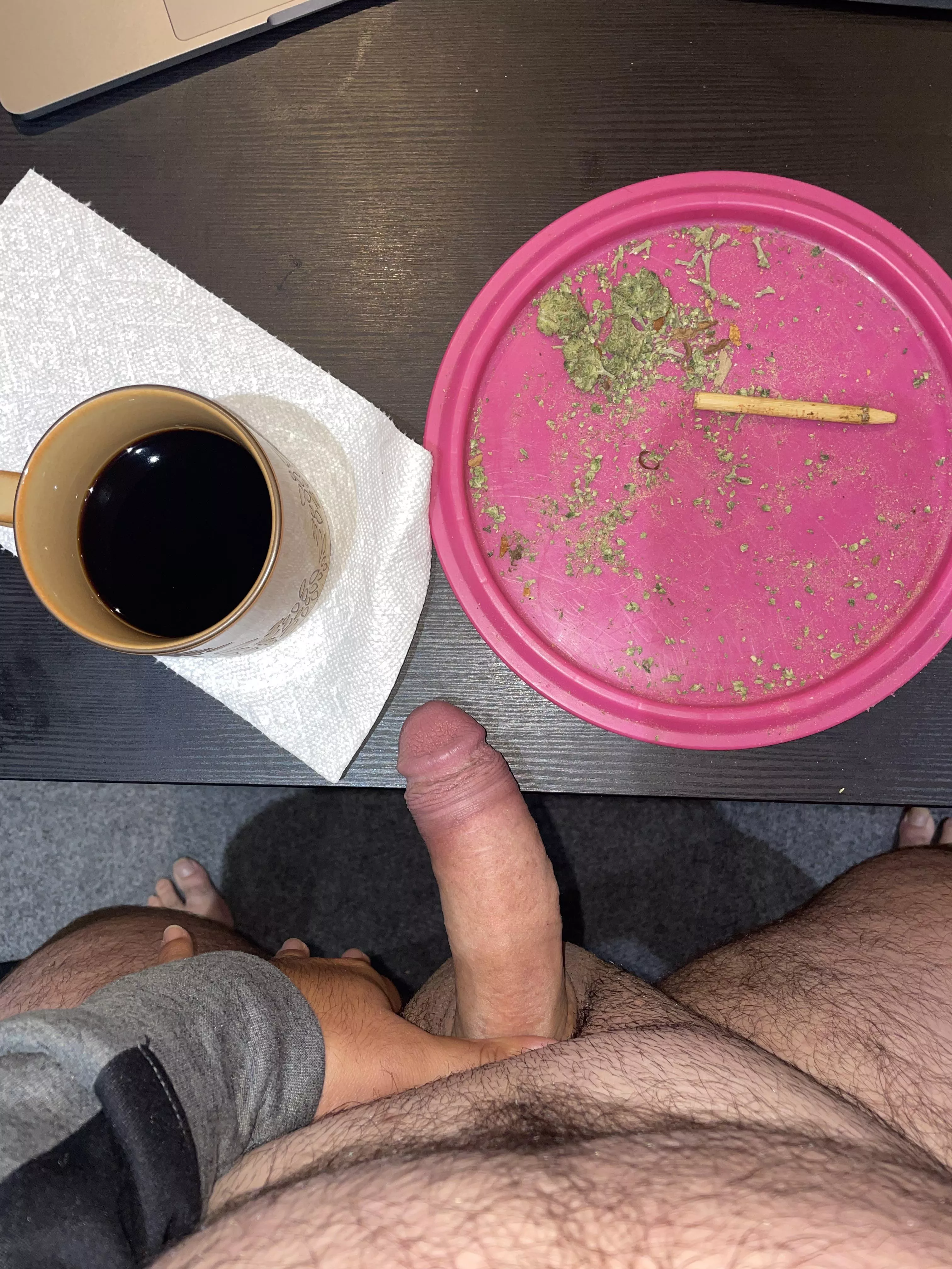 Coffee, cannabis, and cock. (M)onday morning well spent. I can think of something else to add to the mix