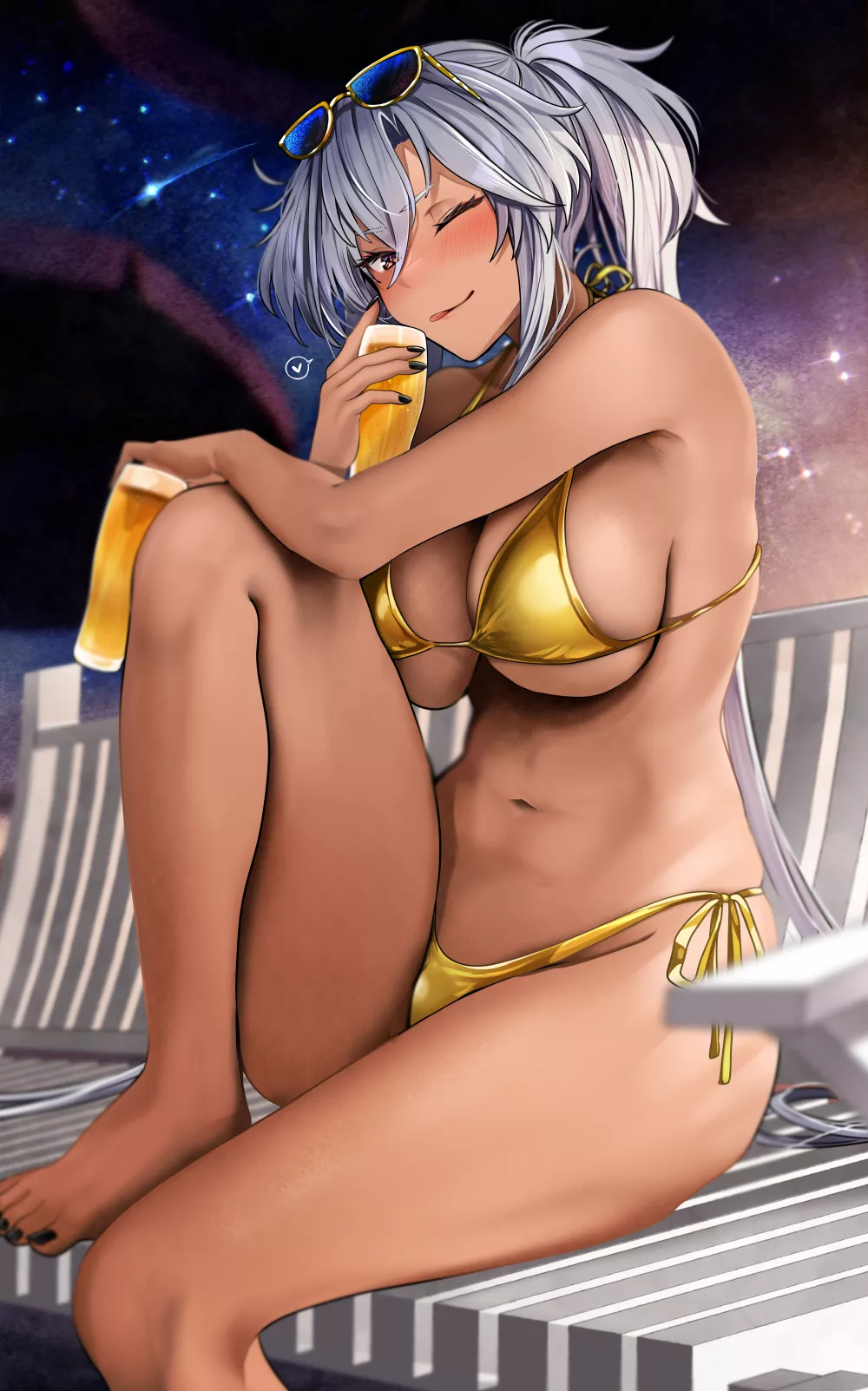 Golden bikini Musashi with some beer