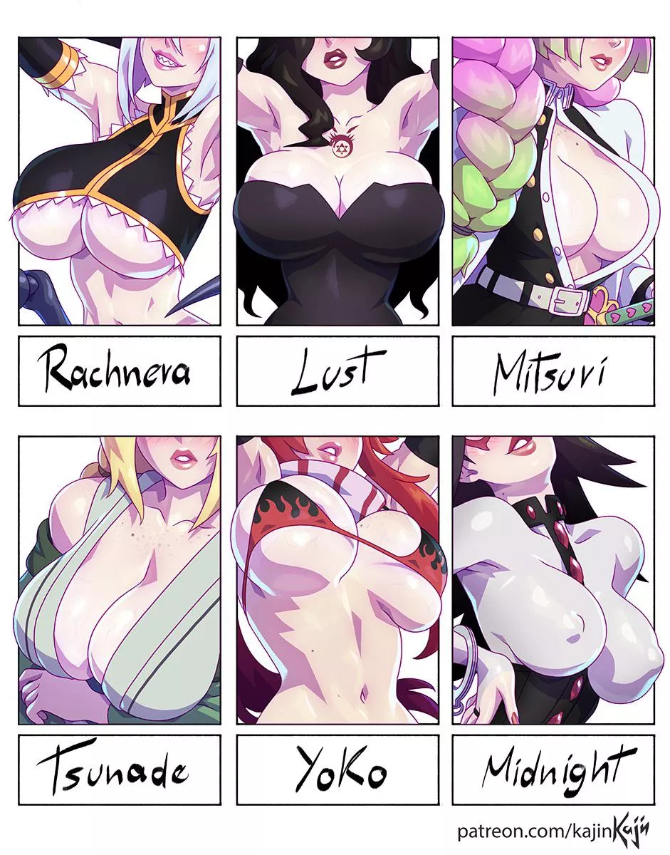 Rachnera, Lust, Mitsuri, Tsunade, Yoko And Midnightâ€™s Big Tits (Kajinman) [Monster Musume, Fullmetal Alchemist, Demon Slayer, Naruto, Gurren Lagann, My Hero Academia]