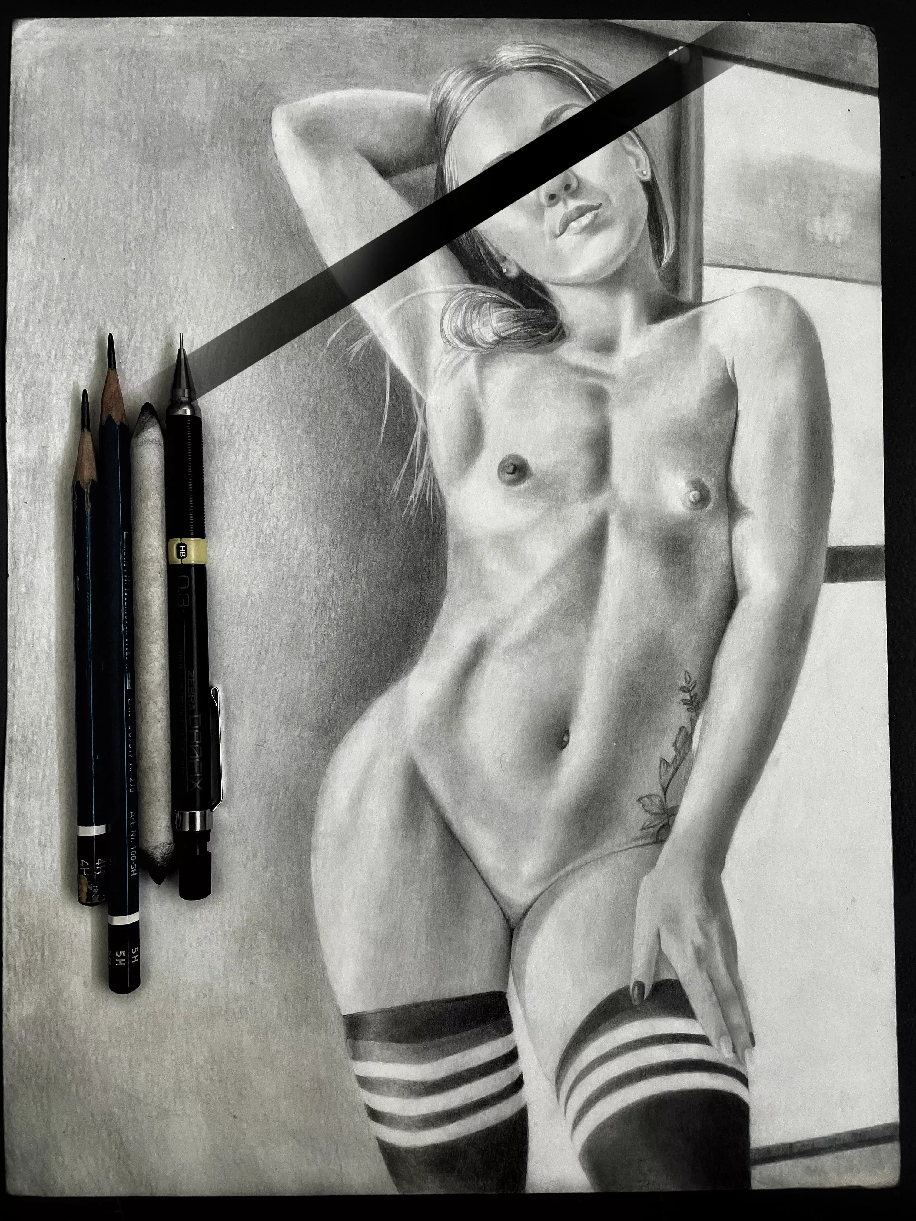 The model asked me to censor for here but I wanted to show this piece I just finished! Thanks for looking! 9â€ x 12â€ graphite on Bristol board