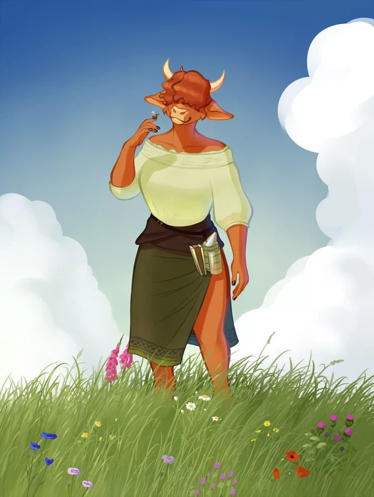 This is Evelyn the Beekeeper. Originally this was just supposed to be a simple character illustration but I loved this character and this pose so much, I HAD to draw her in a flower field. She's a Scottish Highland cow so all of the flowers I illustrate