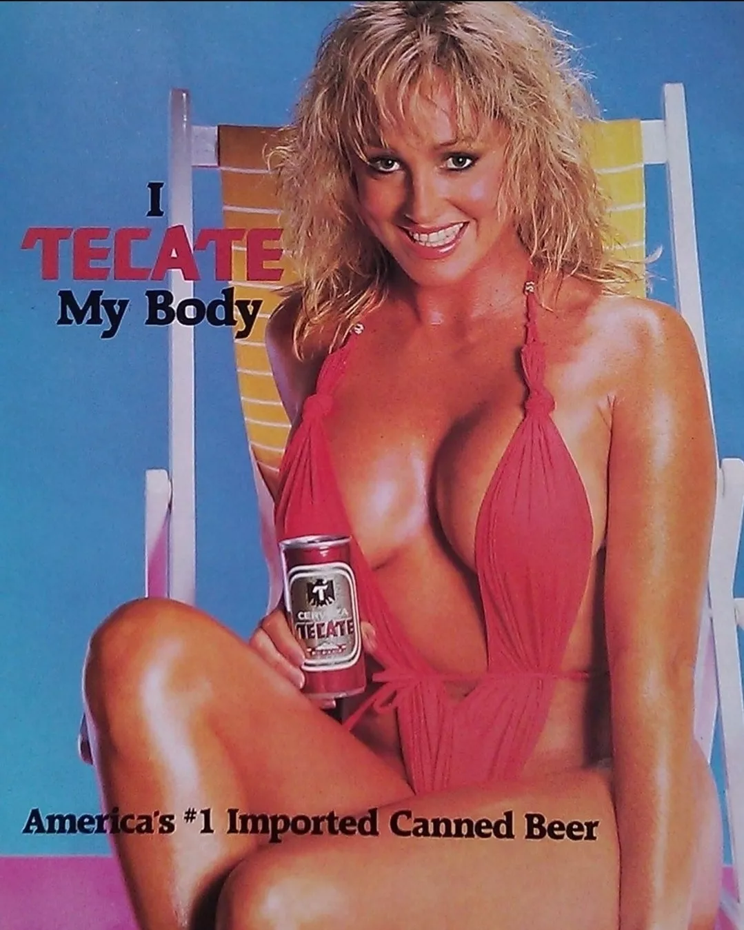 Unknown model in a magazine ad for Tecate beer, 1980s.