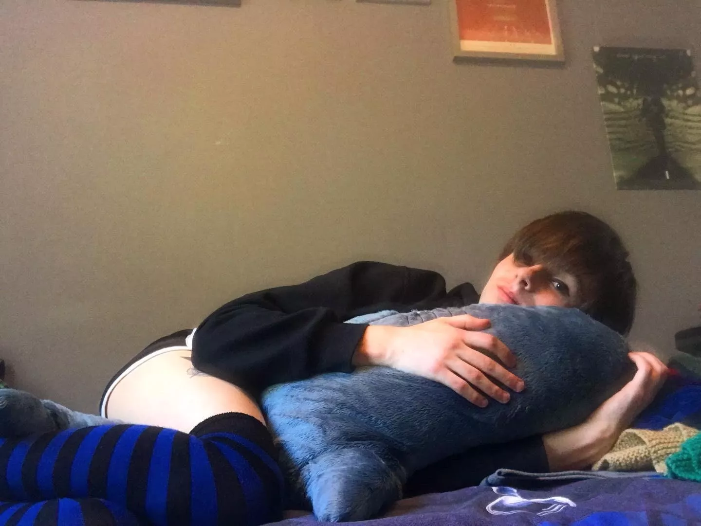 Femboy cuddles shark, circa 2022, colourised