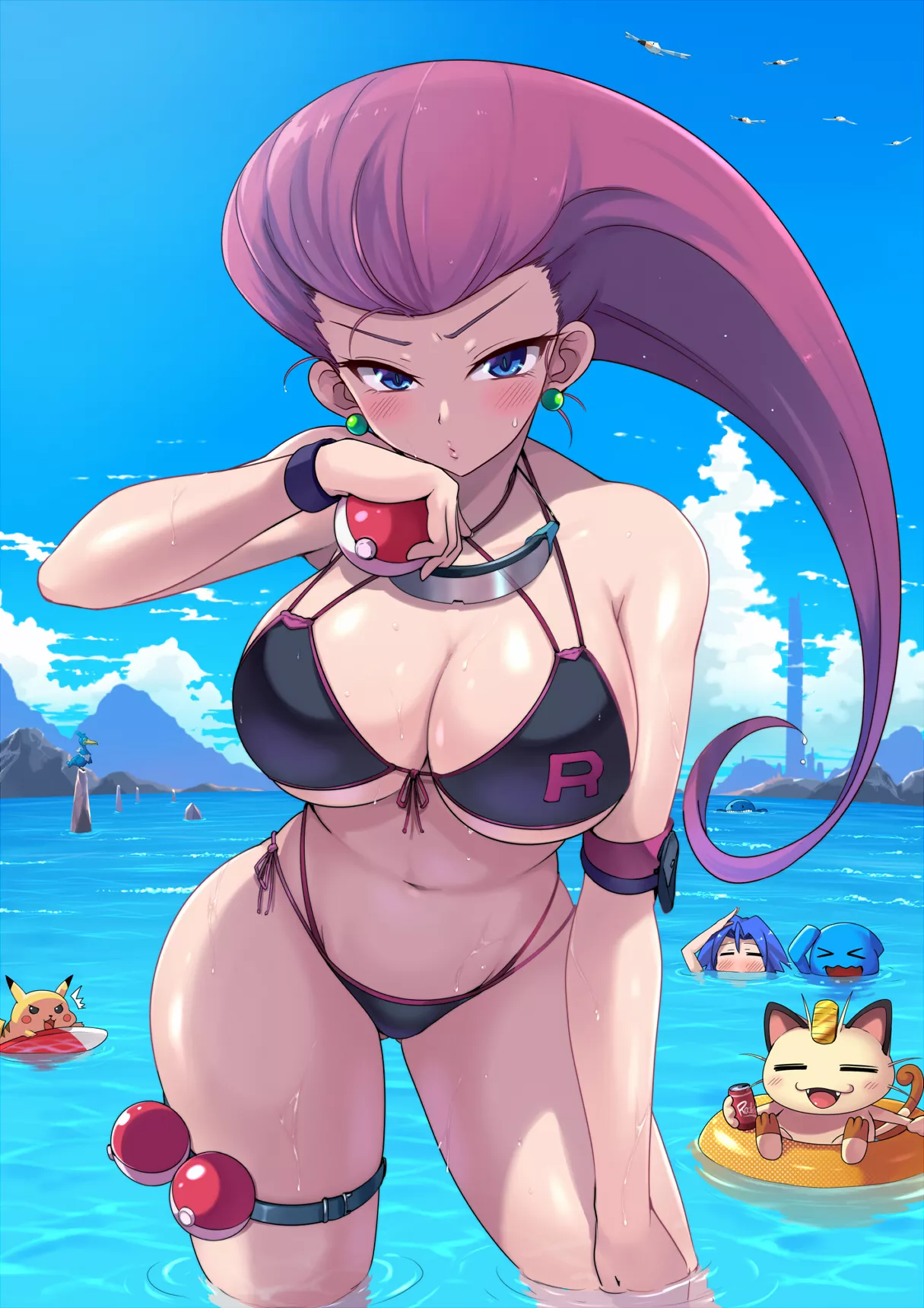 Jessie with James, Meowth, Pikachu and Wobbuffet in the background (Kasai Shin) [Pokemon]