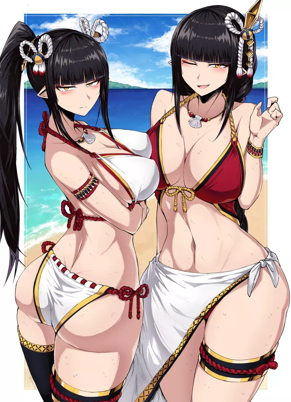 summer Hinoa and Minoto (@simure460)[Monster Hunter Rise]