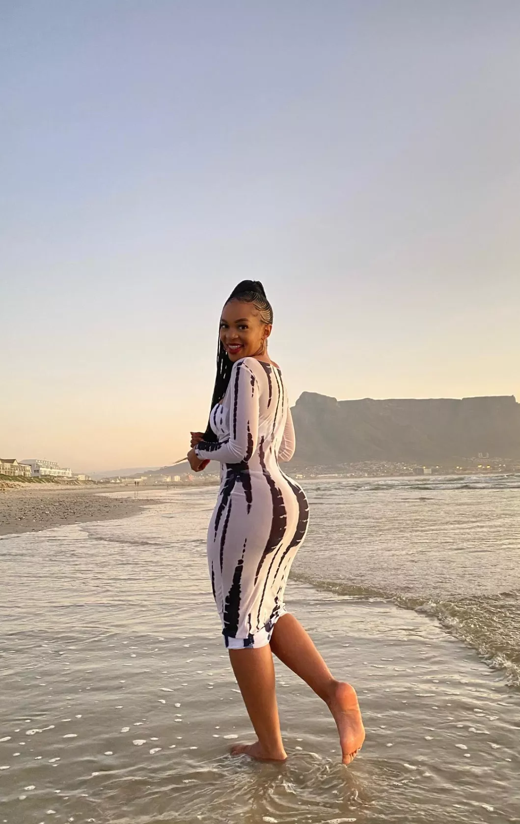 Tight dress at the beach in Cape Town.