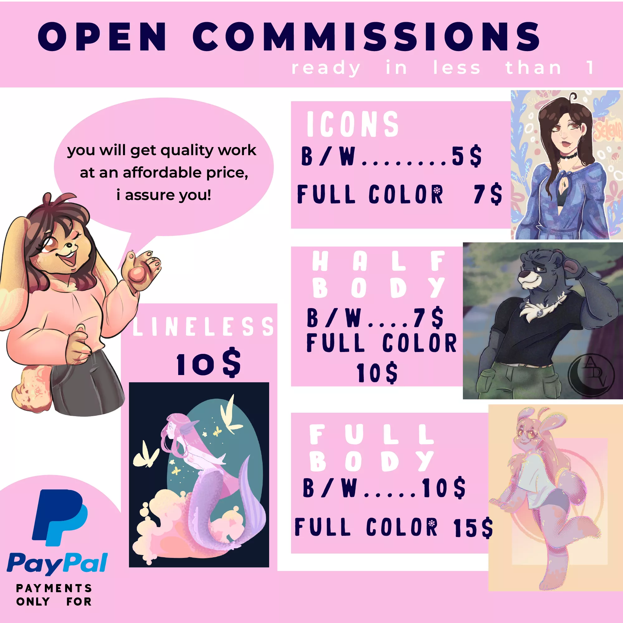 (FOR HIRE) commissions open! icons, full body or chibi, low prices and great quality, feel free to ask or write me if you are interested :D