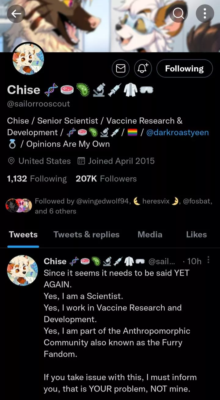 Chise, aka @sailorrooscout on twitter is an awesome account ran by a loud and proud anthro scientist who helped delevop the Covid-19 vaccine! Throw them a follow!