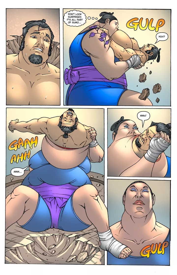 {image} Sumo Wrestlers are Big Eaters, Right? (Art by Octo) [oral vore, vore belly] [comic preview]