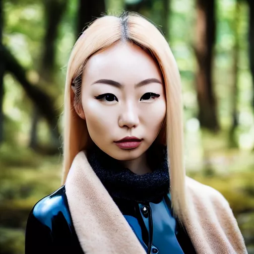 Stable Diffusion: Portrait of a beautiful japanese woman in the forest, black latex shirt, blond hair, close-up on face, wool scarf, dlsr nikon