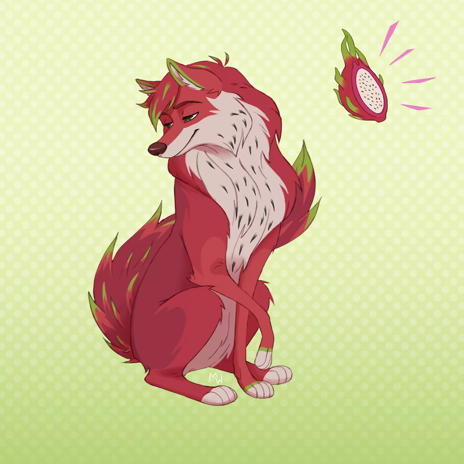 Bashful Dragon fruit wolf! Thanks to u/Melatone_ for the suggestion! (Art by me, @MellowWingArt on Twitter)