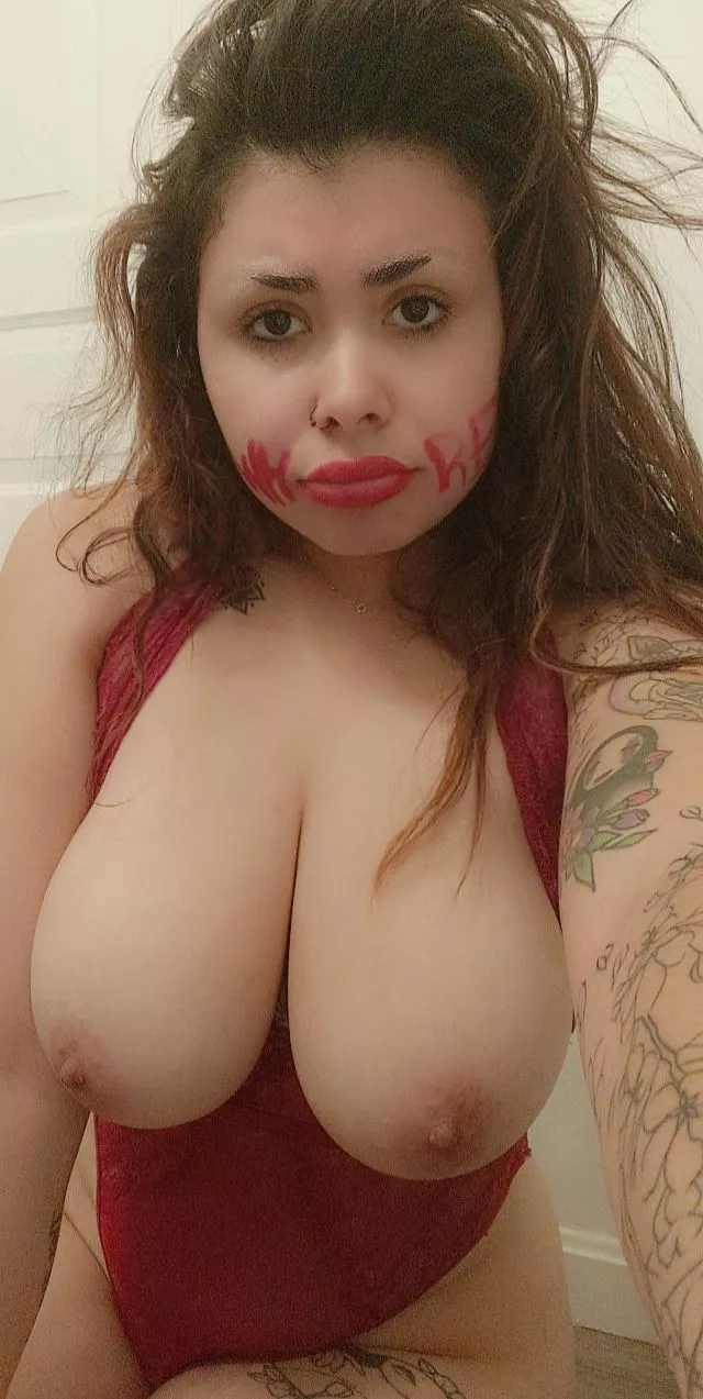 I'm pouting because there's no cock between my tits, someone fix it!