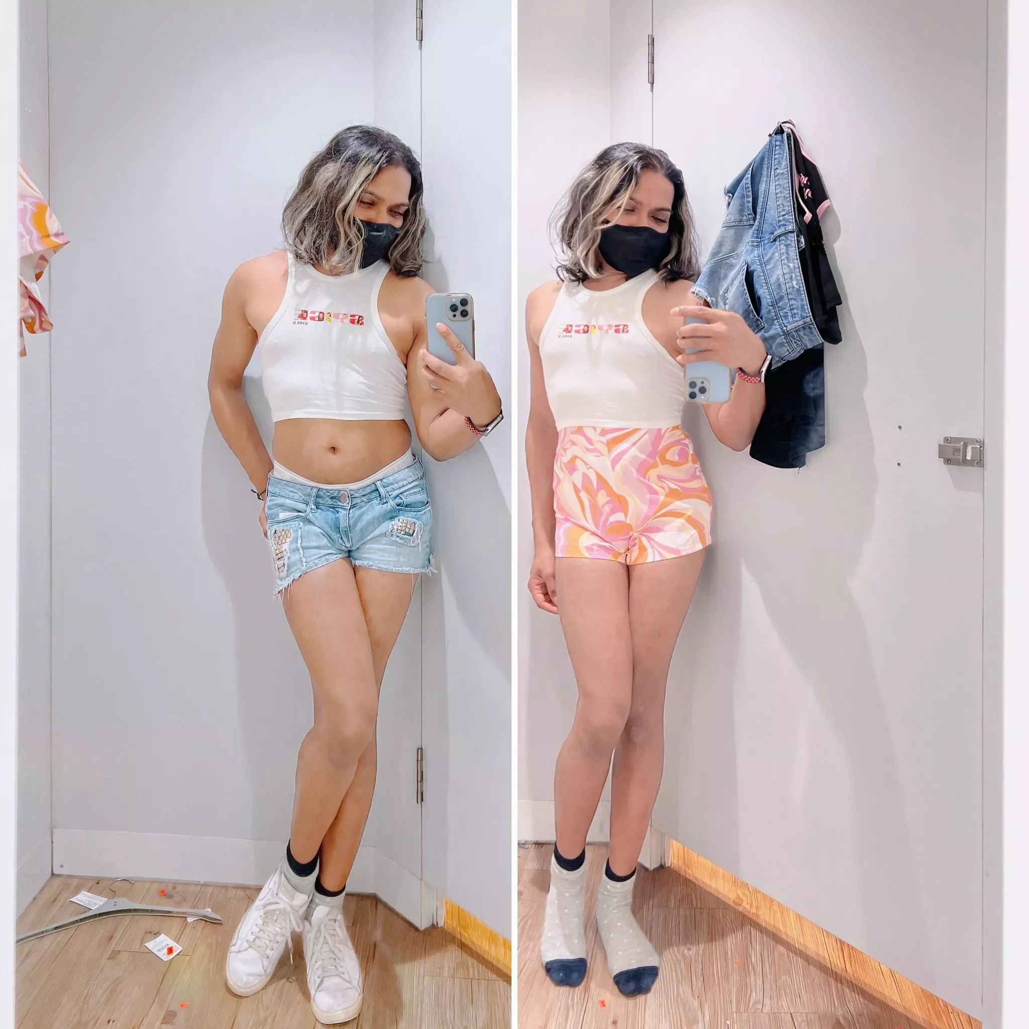 Trying out a cute tiny girly SPICE GIRLS crop top that I saw. Not sure which shorts works better. Can’t wait to be a spice girl!