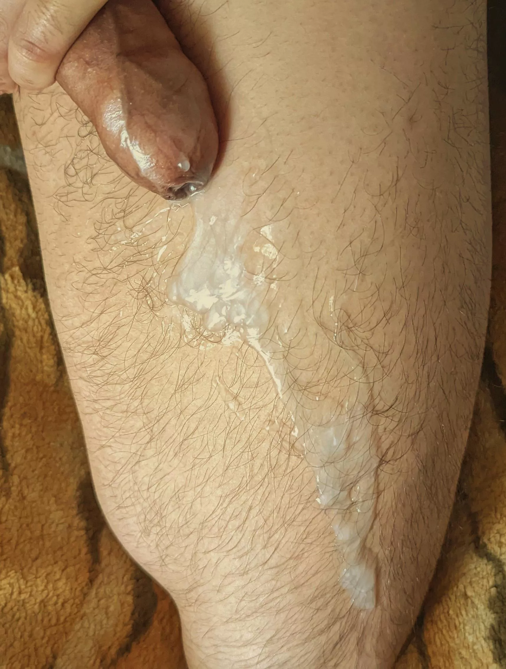 uncut dick on thigh with shot on leg