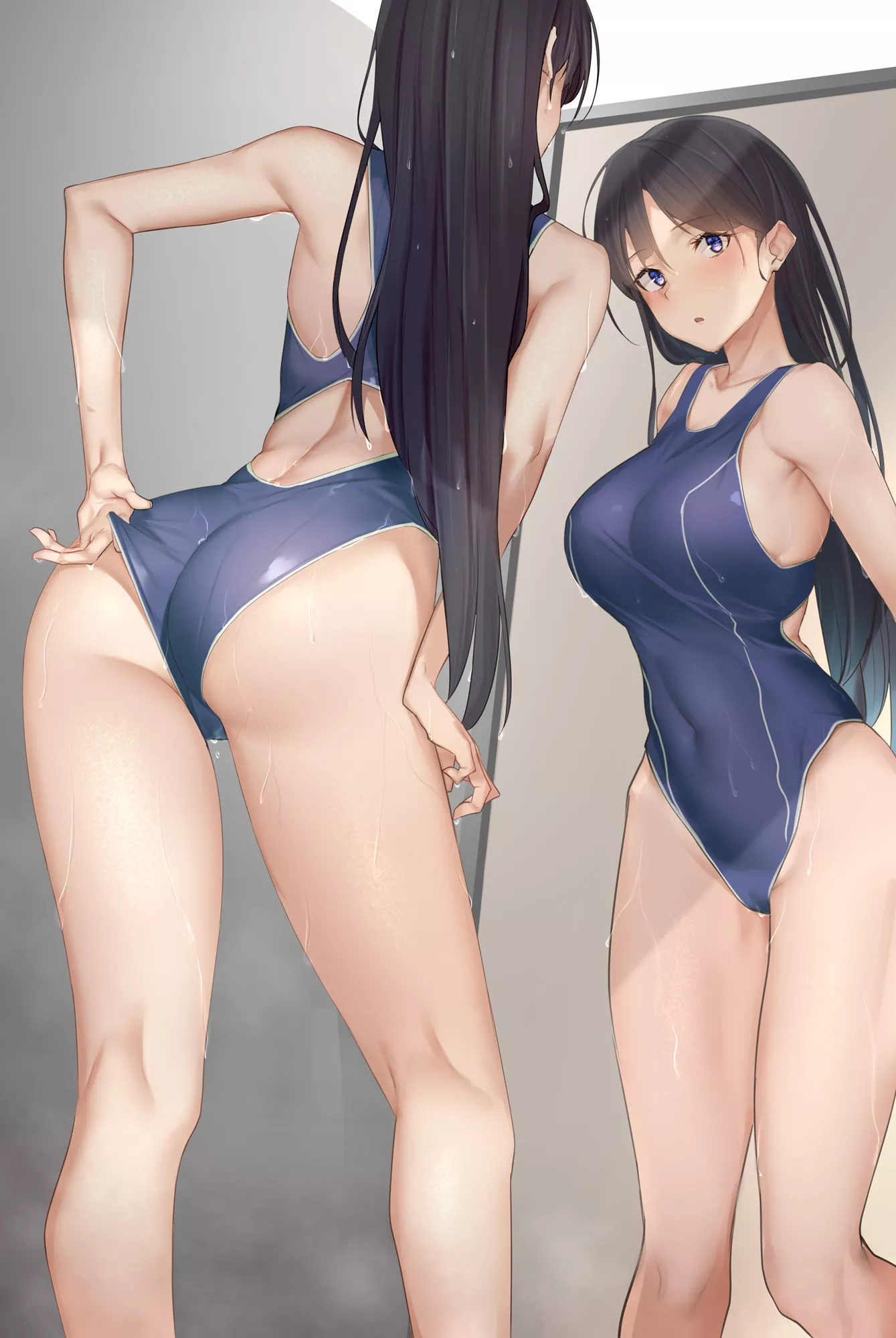 Checking if her swimsuit fits