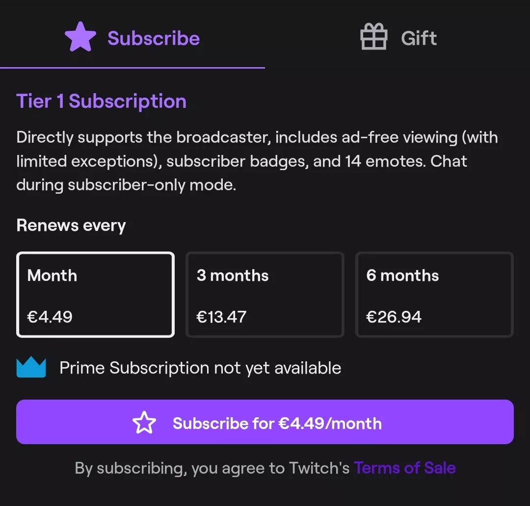 Twitch prime sub says 