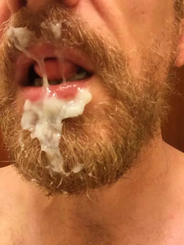 My friend wanted me to slobber on his dick. Then he shot his cum in my beard