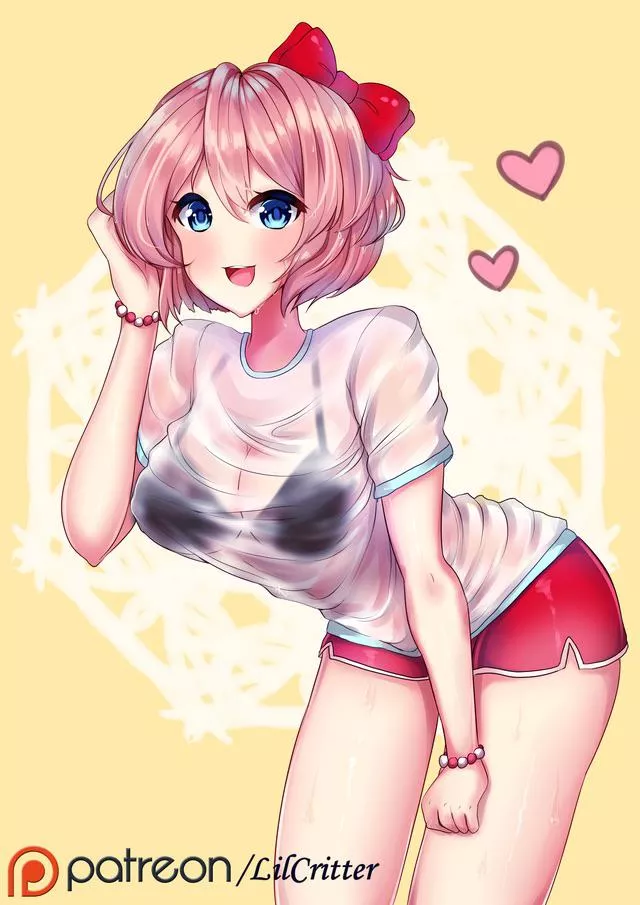 Sayori wearing a wet shirt (art by LilCritter)