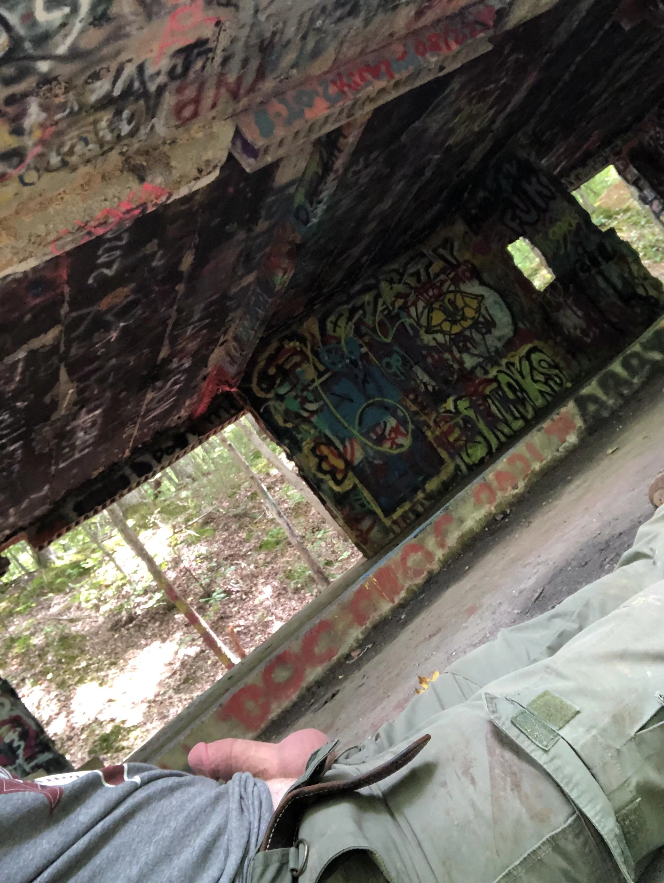 Exploring abandoned buildings in the woods. Gets me hard. Have a stroke with dad (54)