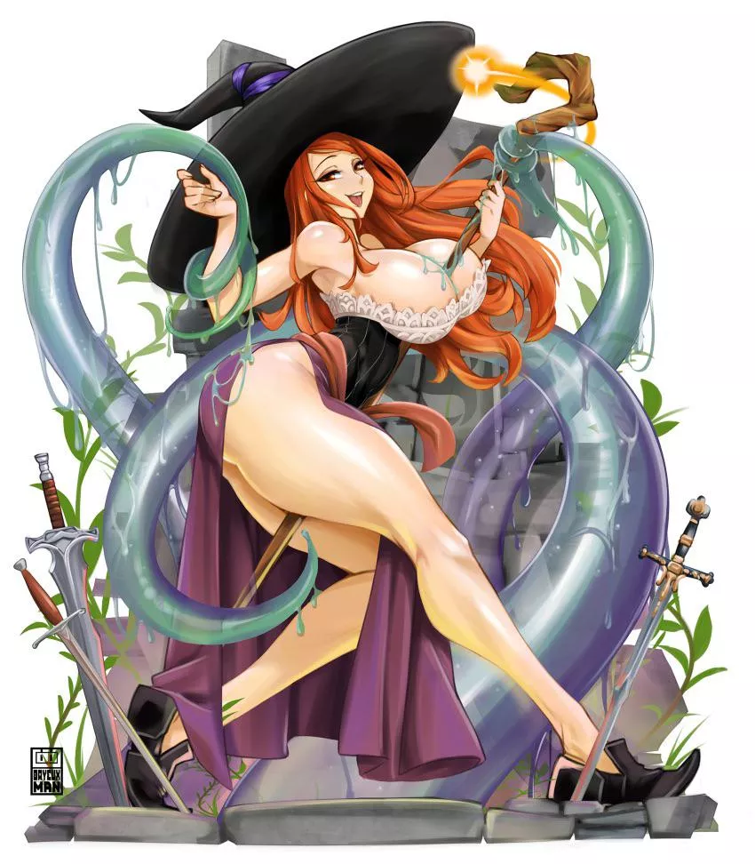 Busty redhead witch having tentacle fun (female)