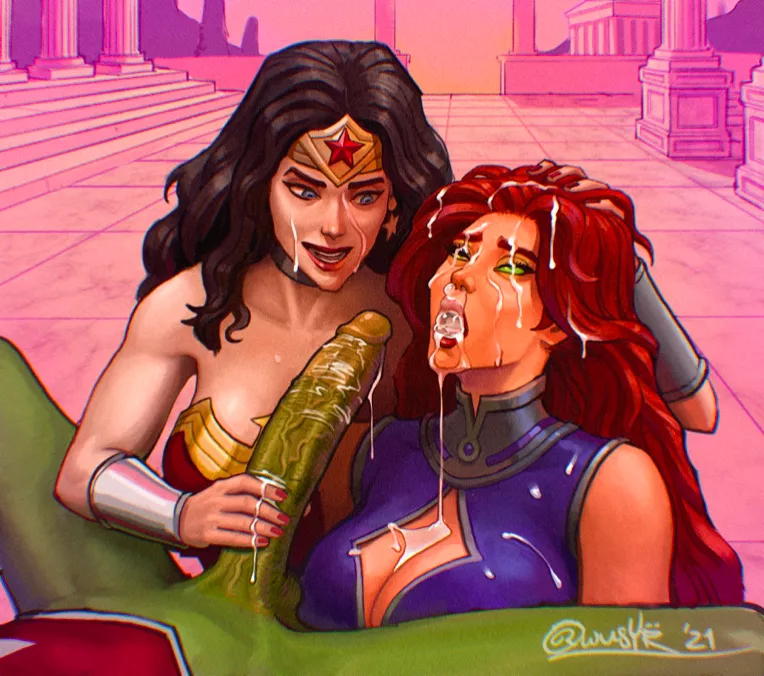 Wonder Woman and Starfire have fun with Beast Boy (Owusyr)