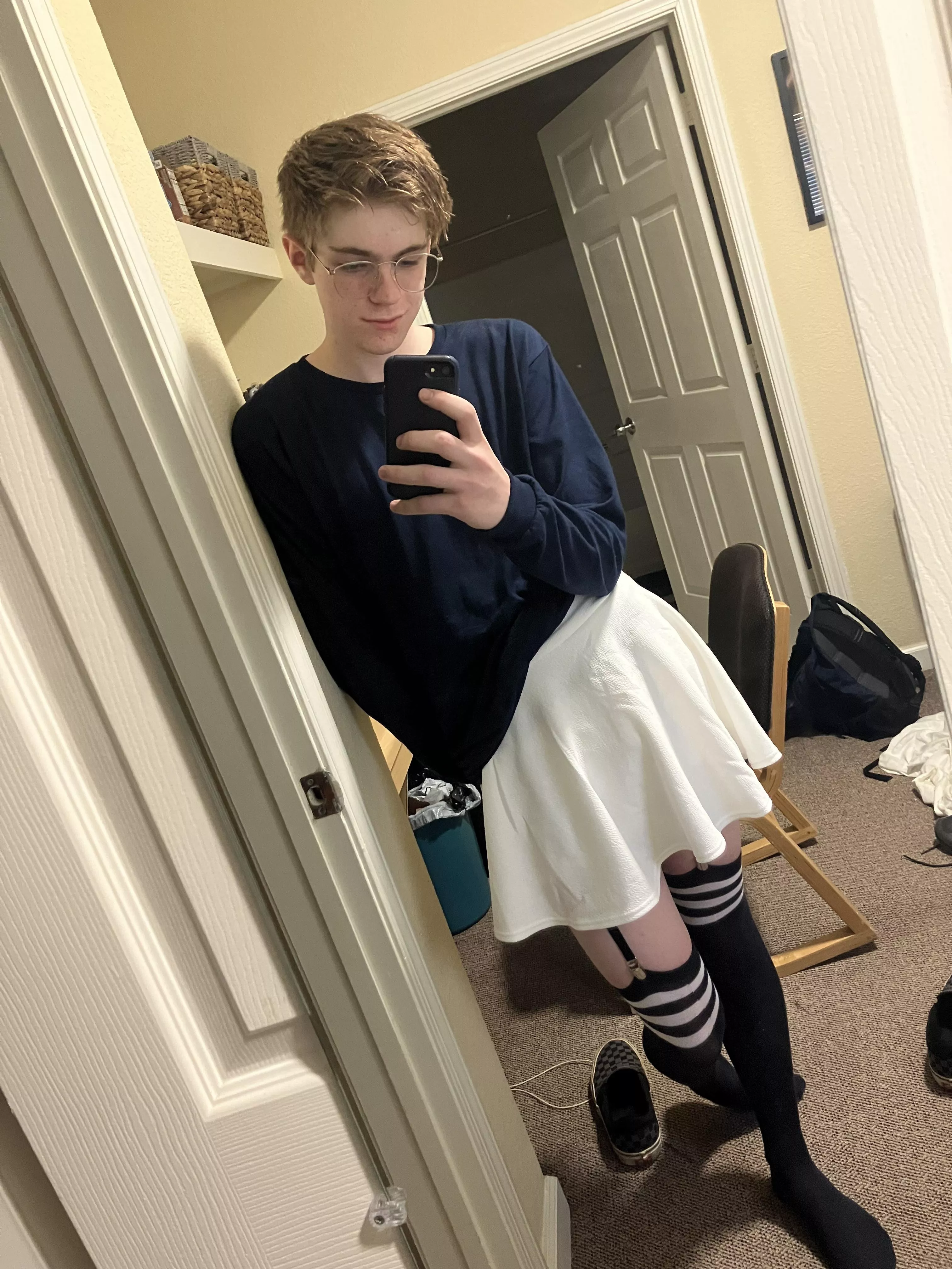 iâ€™m still not convinced with the white skirt even with the navy blue thigh highs and matching skirt