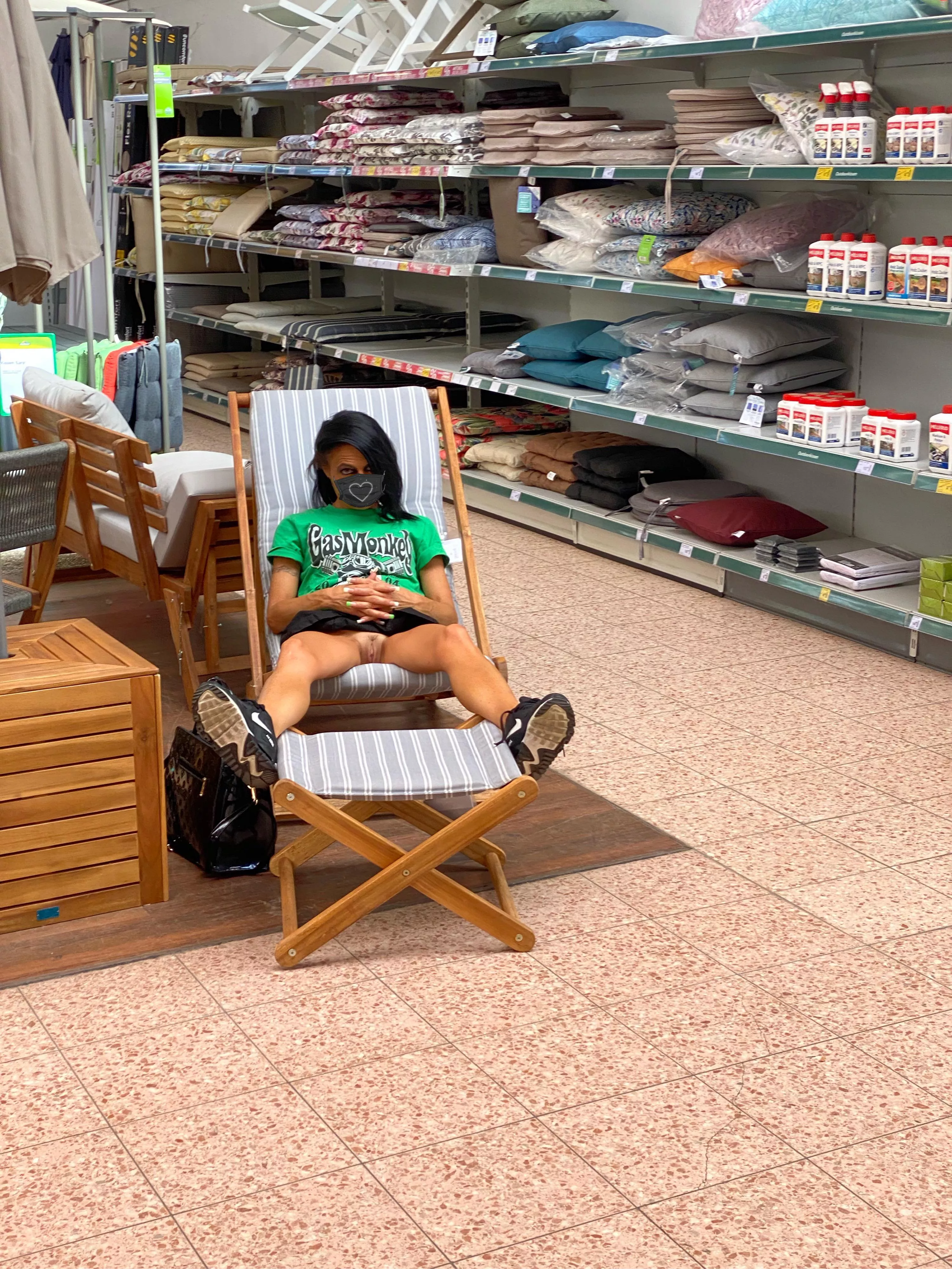 Testing a deck chair in the main aisle