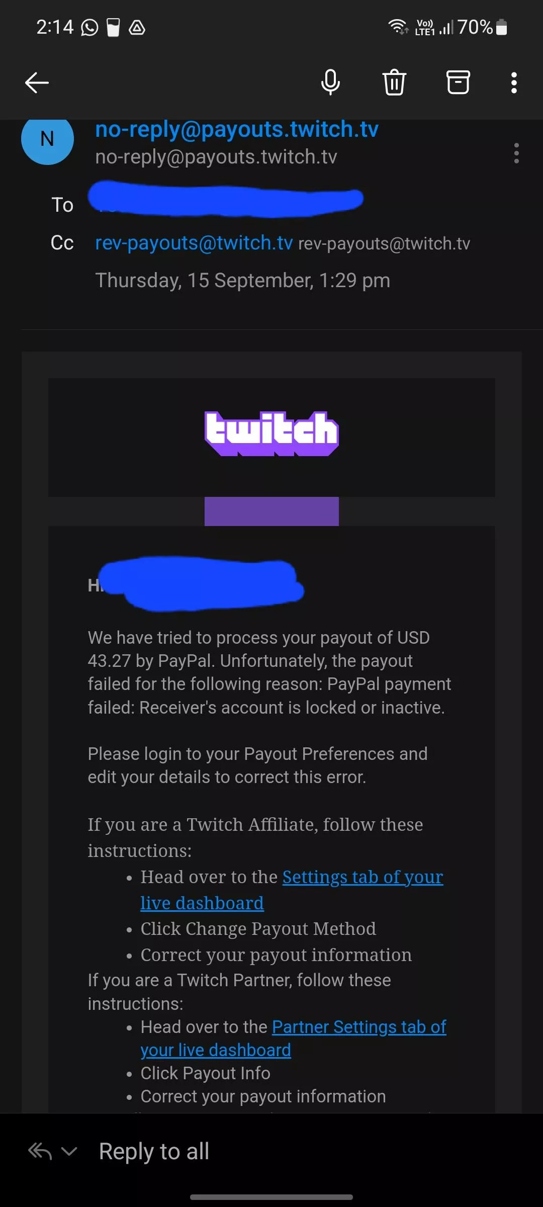 I just received a message for a failed payout and I don't know how to change the payout settings, Any idea?