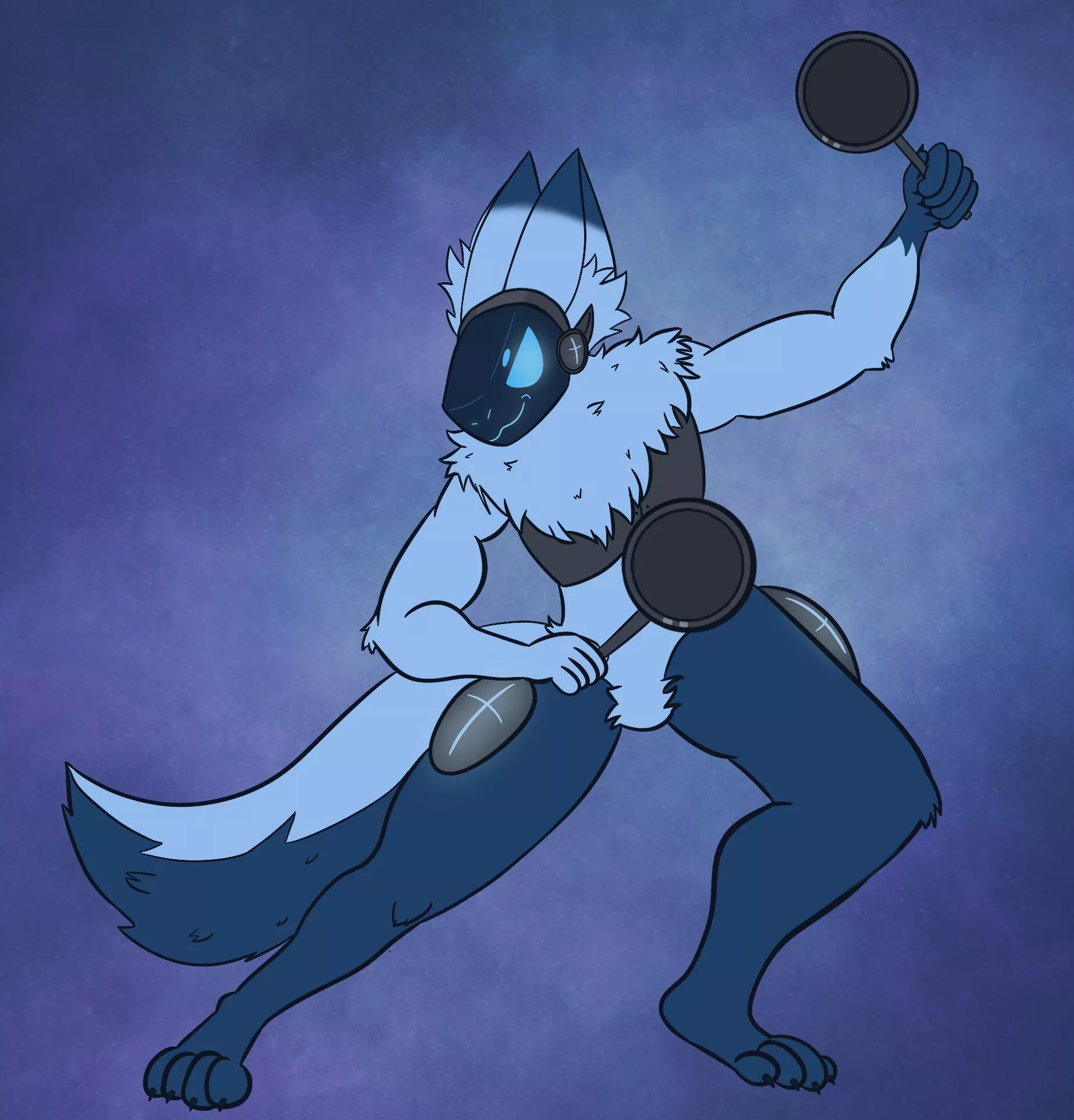 Elias the Protogen! Drawn for u/Larkspur13 , he’s dual wielding skillets :3 (art by me bunniboi273 on twitter)