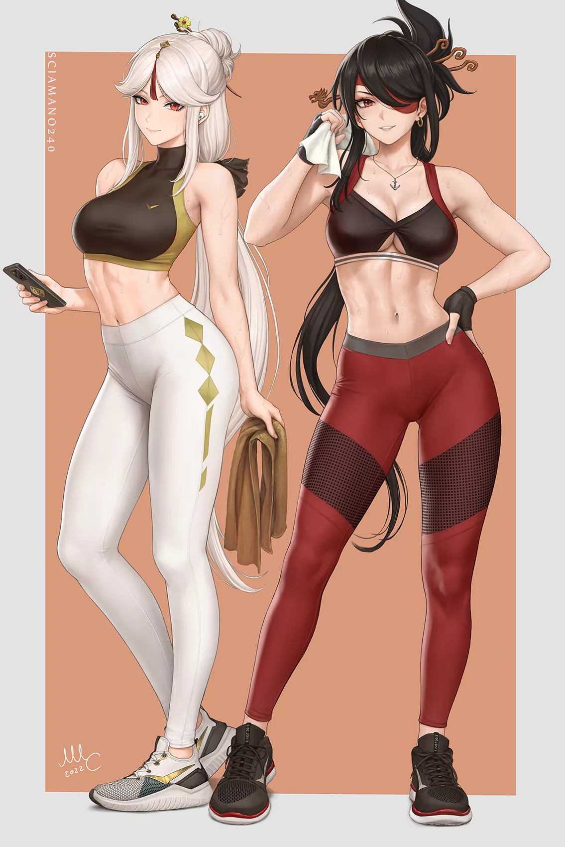 Ningguang and Beidou in their workout outfits (by Sciamano240)[Genshin Impact]