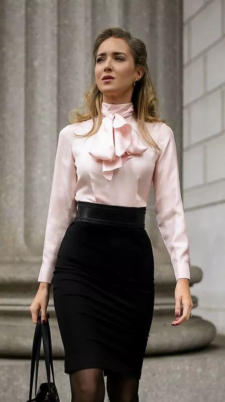 Pencil skirt and high neck bow blouse