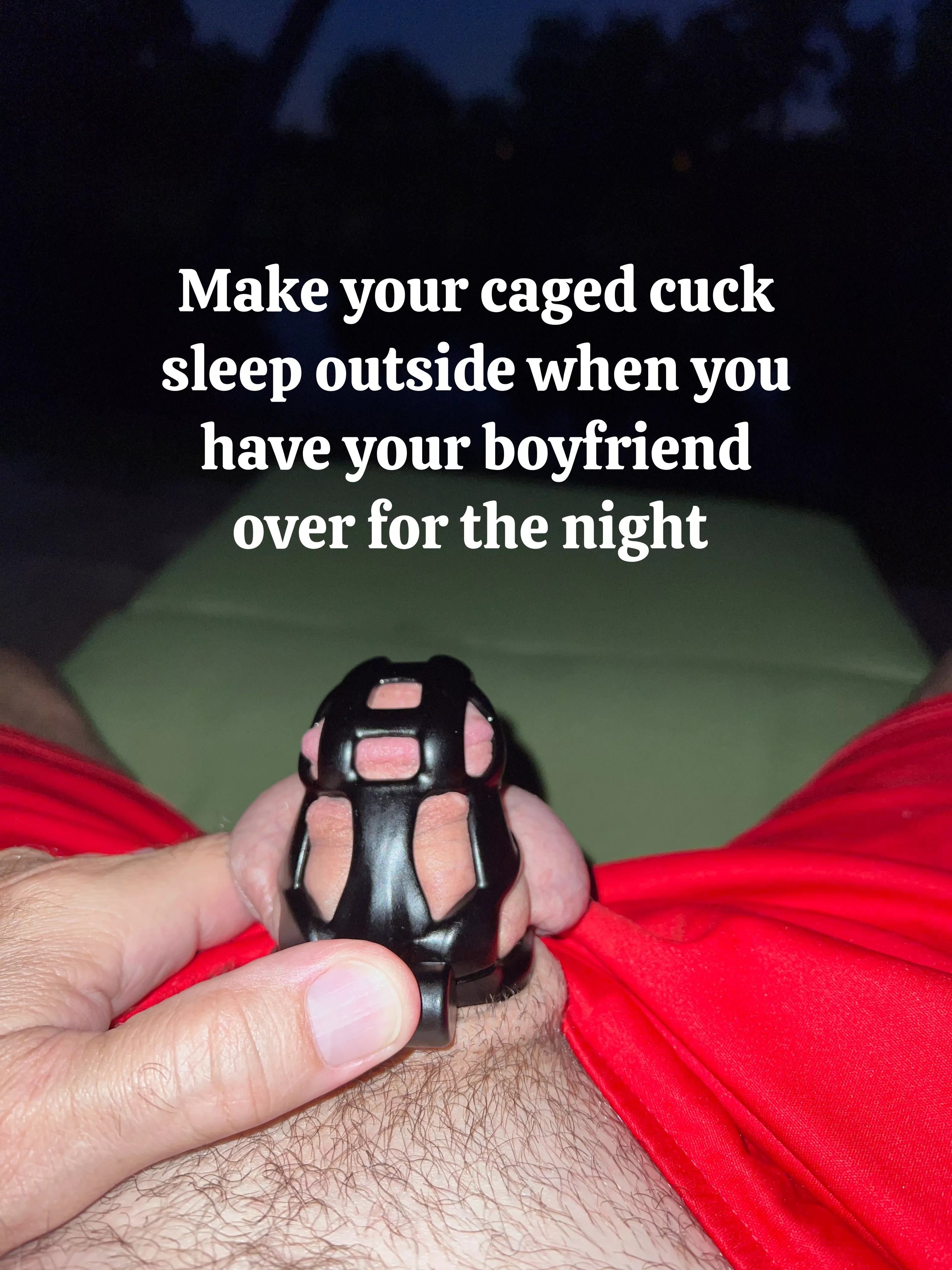 My caged cuck sent me this picture from the backyard patio one night.....