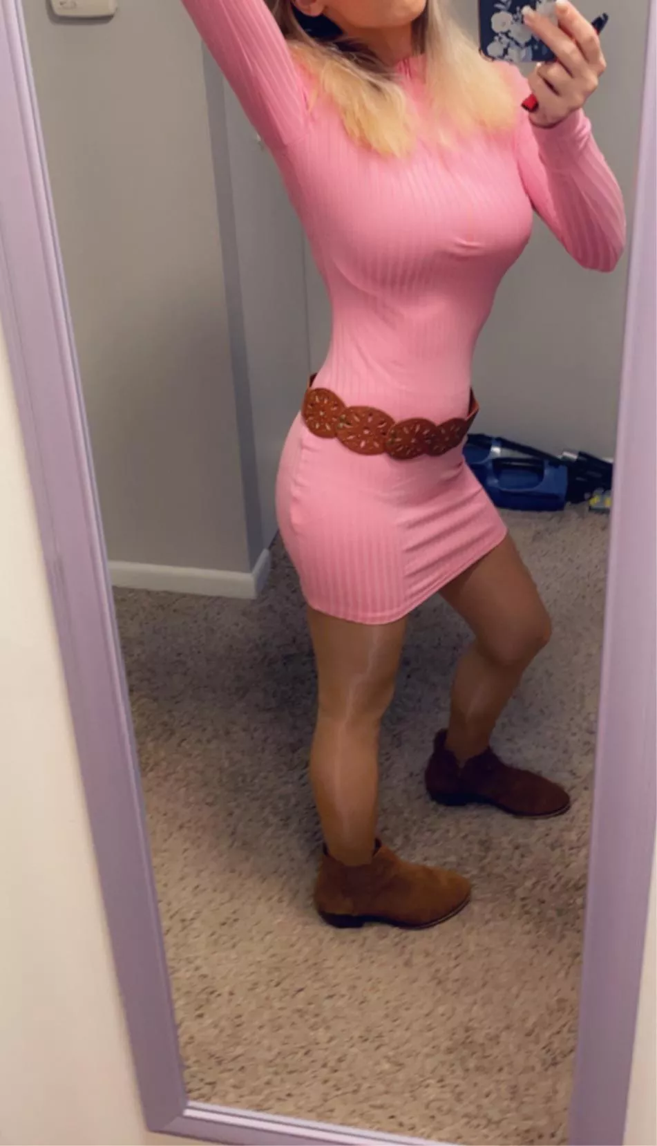 Shine tan pink dress brown belt and booties