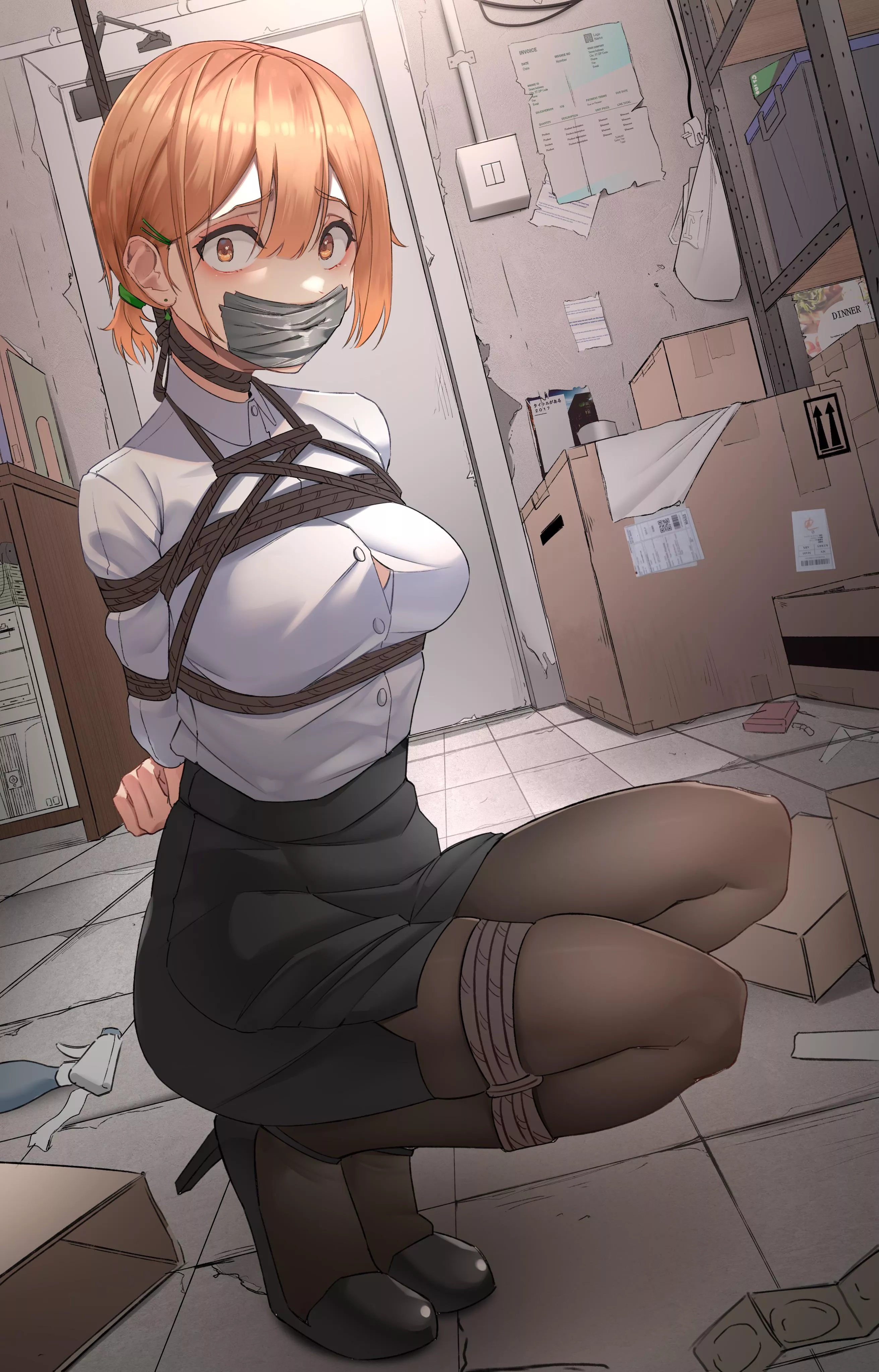 Kidnapped from her office, now held in the storage room for later use