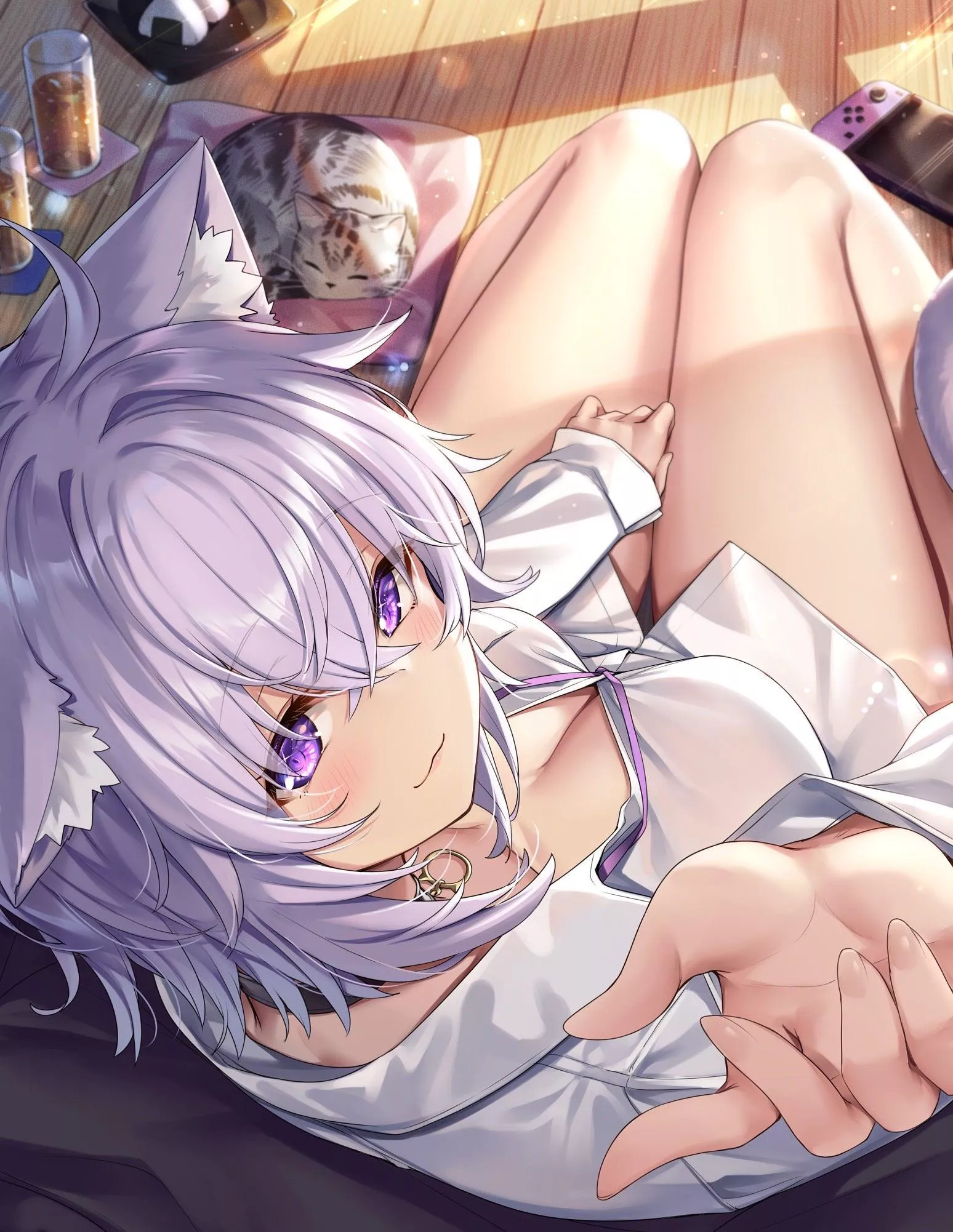 A white button up highlights Okayuâ€™s pale thighs perfectly!